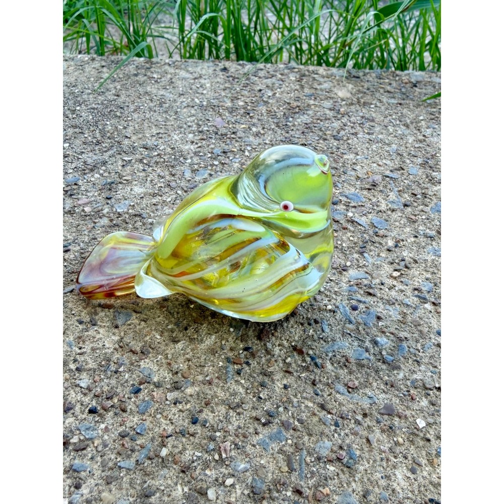 Vintage Wales Japan Art Glass Bird Figurine Yellow Swirl Paperweight Mid Century
